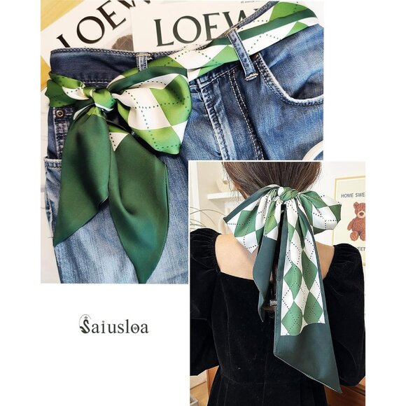 Women's green Diamon Lattice Purse Scarf For Handbags Silky Long Bag Scarfs - Picture 2 of 6